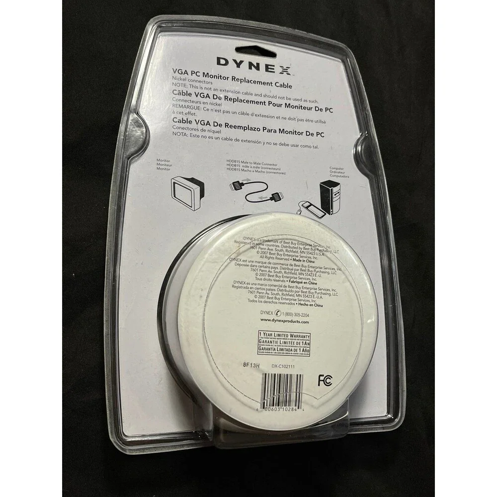 Dynex VGA PC Monitor Replacement Cable 6ft Black Nickel Connectors